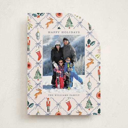 This is a blue spruce holiday photo cards with standard by Sarah Knight called festive icons printing on recycled smooth signature in standard
