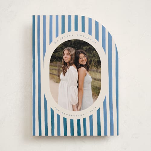 This is a blue jay holiday photo cards with standard by Teju Reval called vintage stripes printing on recycled smooth signature in standard