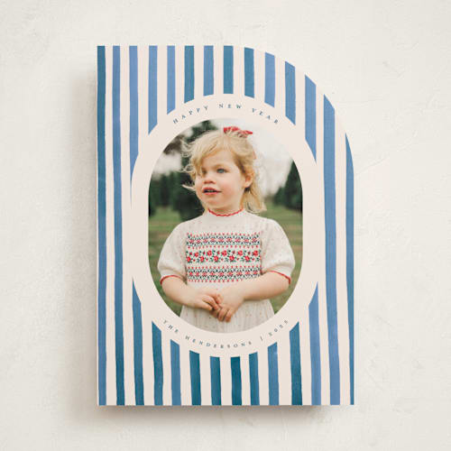 This is a blue jay holiday photo cards with standard by Teju Reval called vintage stripes printing on recycled smooth signature in standard