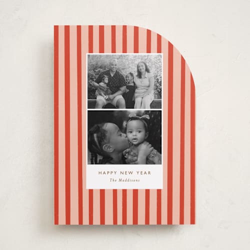 This is a candy cane holiday photo cards with standard by Bethan called striped snaps printing on recycled smooth signature in standard