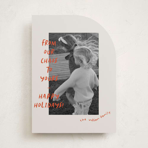 This is a crimson holiday photo cards with standard by Vera Lim called happy chaos printing on recycled smooth signature in standard