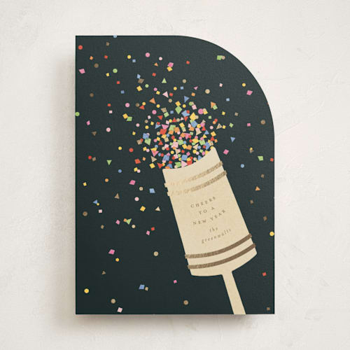 This is a midnight foil pressed holiday cards with foil pressed by Ellen Schlegelmilch called confetti popper printing on signature in standard