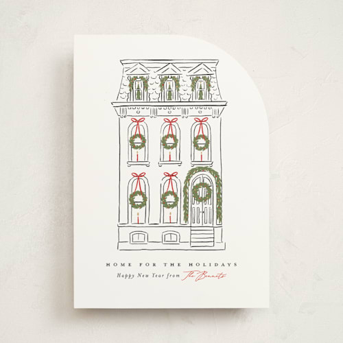 This is a snowfall non photo holiday cards with standard by Susan Zinader called home for the holidays printing on signature in standard