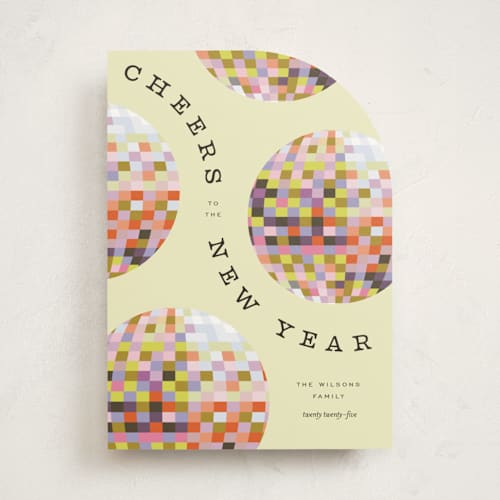 This is a sun non photo holiday cards with standard by Pixel and Hank called new year disco printing on signature in standard