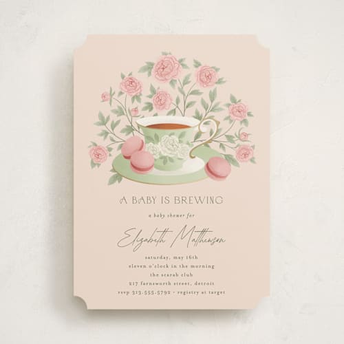 This is a framboise baby shower invitations with standard by Jamie Alexander called a baby is brewing printing on signature in standard