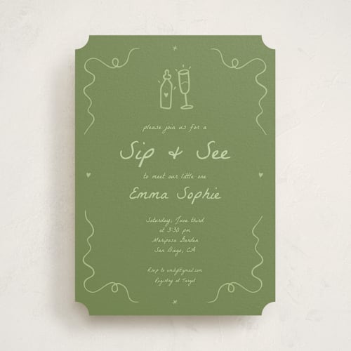 This is a moss baby shower invitations with standard by Stephanie Heinrich Godbout called doodle sip and see printing on signature in standard