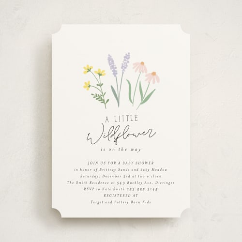 This is a pastel baby shower invitations with standard by Itsy Belle Studio called she's a wildflower printing on signature in standard