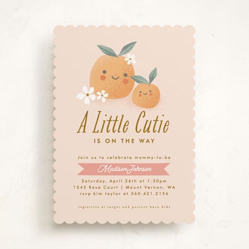 This is a peach baby shower invitations with standard by Karidy Walker called little cutie oranges printing on signature in standard