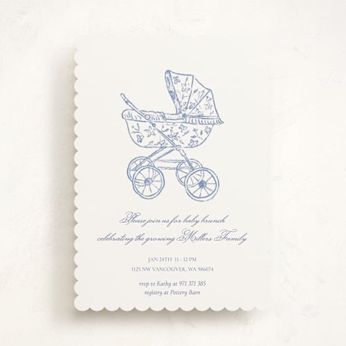 This is a navy baby shower invitations with standard by Huefete called baby pram printing on signature in standard