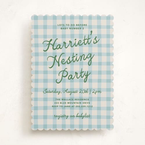 This is a bluebird baby shower invitations with standard by Kelly Watkins called a nesting party printing on signature in standard