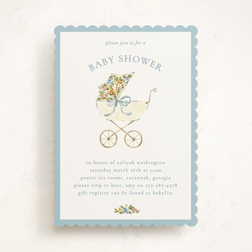 This is a sky baby shower invitations with standard by Sarah Knight called pram printing on signature in standard