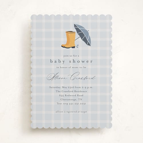This is a raindrop baby shower invitations with standard by Stacey Meacham called baby wellies printing on signature in standard