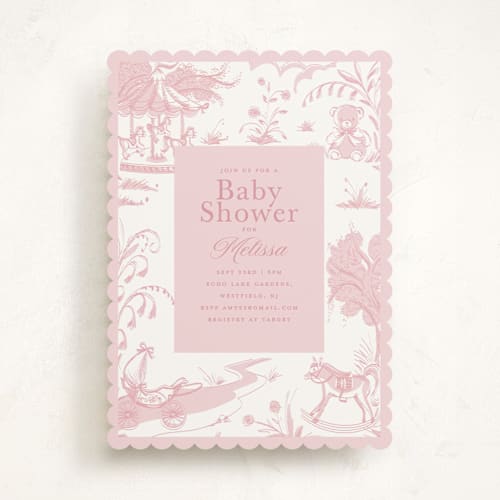 This is a blush baby shower invitations with standard by Teju Reval called baby toile printing on signature in standard