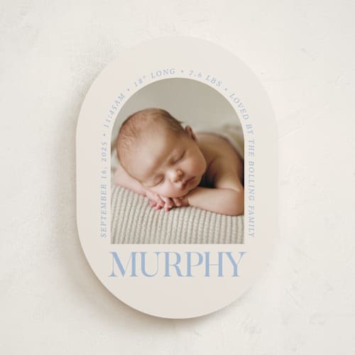 This is a bluebird day birth announcements with standard by Baumbirdy called type arch printing on smooth signature in standard