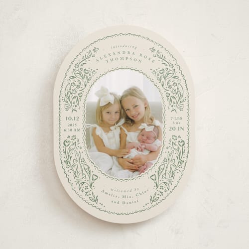 This is a sage birth announcements with standard by Anastasia Makarova called bunnies and flowers printing on recycled smooth signature in standard