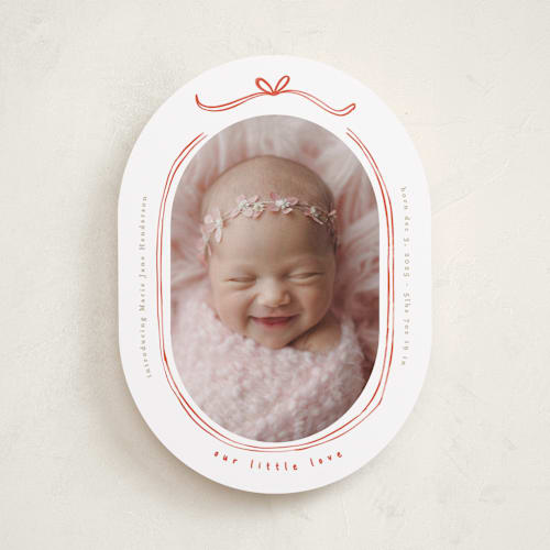 This is a strawberry birth announcements with standard by Creo Study called bundle of joy printing on recycled smooth signature in standard