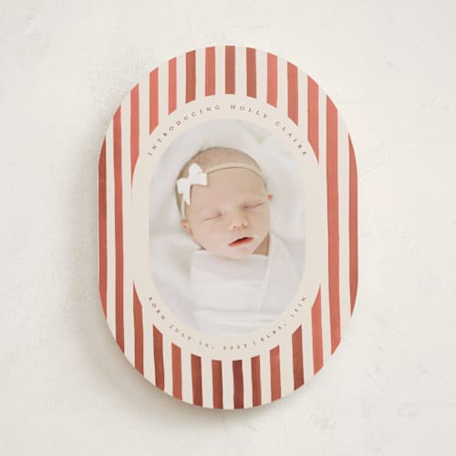 This is a sweet potato birth announcements with standard by Teju Reval called vintage stripes printing on recycled smooth signature in standard