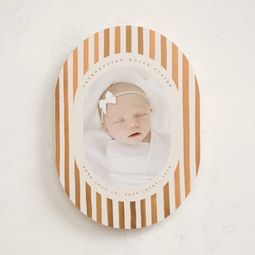 This is a sand birth announcements with standard by Teju Reval called vintage stripes printing on recycled smooth signature in standard