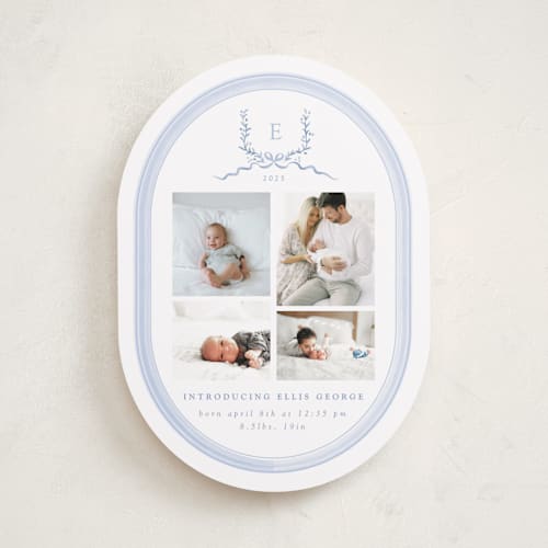 This is a frost birth announcements with standard by Corinne Malesic called festive monogram printing on smooth signature in standard