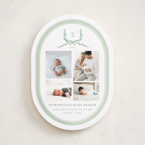 This is a lime birth announcements with standard by Corinne Malesic called festive monogram printing on recycled smooth signature in standard