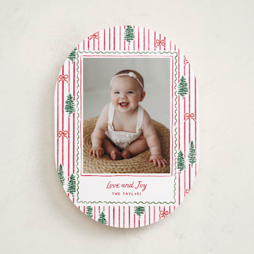 This is a stocking photo christmas cards with standard by Creo Study called trees and bows printing on recycled smooth signature in standard