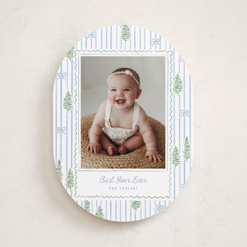 This is a blue jay photo christmas cards with standard by Creo Study called trees and bows printing on recycled smooth signature in standard