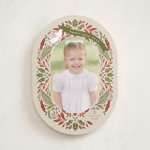 This is a holly berry photo christmas cards with standard by Susan Zinader called evergreen ribbon printing on recycled smooth signature in standard