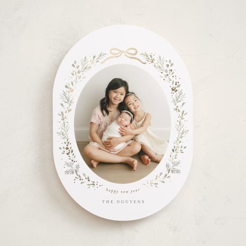 This is a sage foil pressed holiday cards with foil pressed by Itsy Belle Studio called ribbon & wreath printing on recycled smooth signature in standard