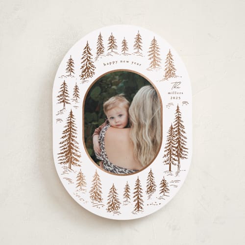 This is a winter foil pressed holiday cards with foil pressed by Yuliya Evseeva called winter forest printing on recycled smooth signature in standard