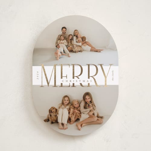 This is a snow foil pressed holiday cards with foil pressed by Brianne Larsen called big merry printing on recycled smooth signature in standard