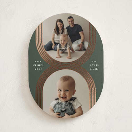 This is a juniper foil pressed holiday cards with foil pressed by Leah Bisch called criss cross printing on recycled smooth signature in standard