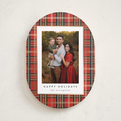 This is a bright berry foil pressed holiday cards with foil pressed by Kristie Kern called plaid shimmer printing on recycled smooth signature in standard