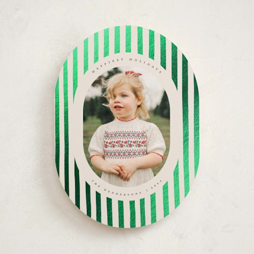 This is a evergreen foil pressed holiday cards with foil pressed by Teju Reval called vintage stripes printing on recycled smooth signature in standard