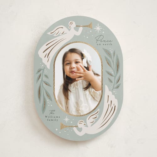 This is a glacier foil pressed holiday cards with foil pressed by Karidy Walker called christmas angels printing on recycled smooth signature in standard