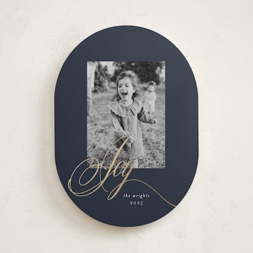 This is a midnight foil pressed holiday cards with foil pressed by Melinda Denison called joy printing on recycled smooth signature in standard