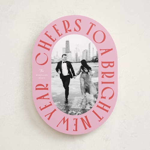 This is a peppermint new year photo cards with standard by Erin German called cheers to a bright new year printing on recycled smooth signature in standard