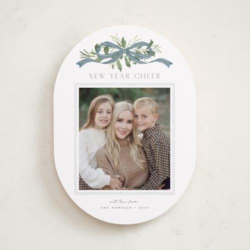 This is a blue jay new year photo cards with standard by Everett Paper Goods called greenery swag printing on recycled smooth signature in standard
