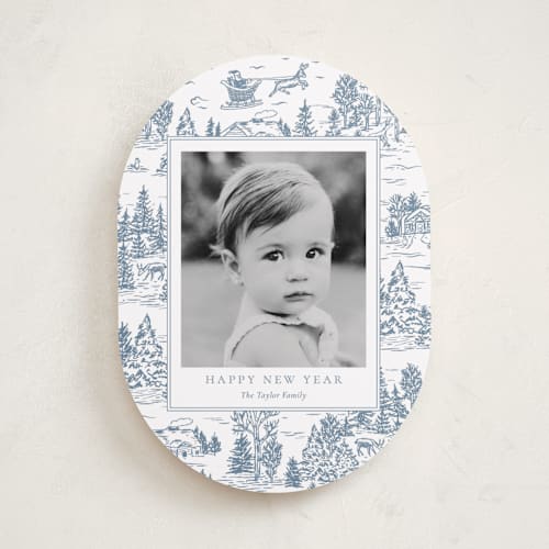 This is a periwinkle holiday photo cards with standard by Jennifer Lew called christmas toile printing on recycled smooth signature in standard