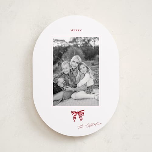 This is a candy cane holiday photo cards with standard by Mere Paper called stamped with a bow printing on recycled smooth signature in standard
