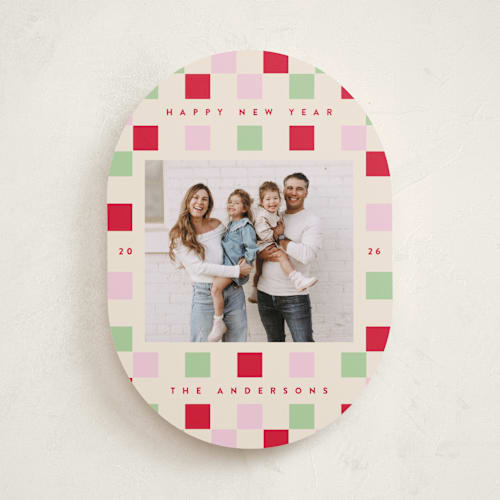 This is a cranberry holiday photo cards with standard by Katie Zimpel called happy checkers printing on recycled smooth signature in standard
