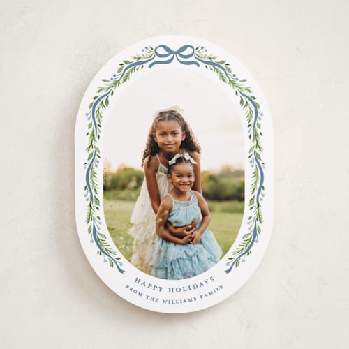 This is a powder holiday photo cards with standard by Sarah Knight called frosted printing on recycled smooth signature in standard