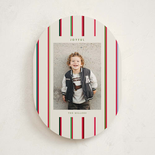 This is a champagne holiday photo cards with standard by Baumbirdy called colorful stripes printing on recycled smooth signature in standard