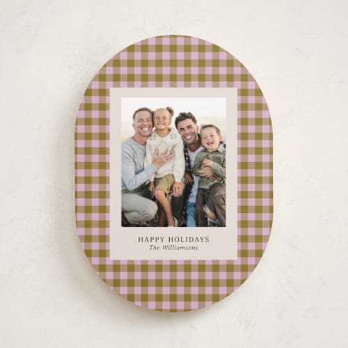 This is a peony holiday photo cards with standard by Beth Vassalo called cozy gingham printing on recycled smooth signature in standard