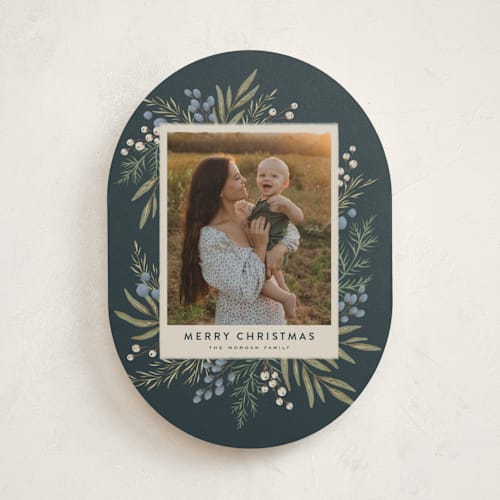 This is a juniper holiday photo cards with standard by Wildfield Paper Co called holly + olive printing on recycled smooth signature in standard