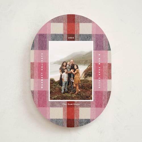 This is a cranberry holiday photo cards with standard by Carrie Moradi called cozy checked plaid printing on recycled smooth signature in standard