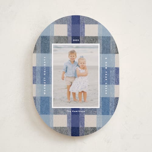 This is a blueberry holiday photo cards with standard by Carrie Moradi called cozy checked plaid printing on recycled smooth signature in standard