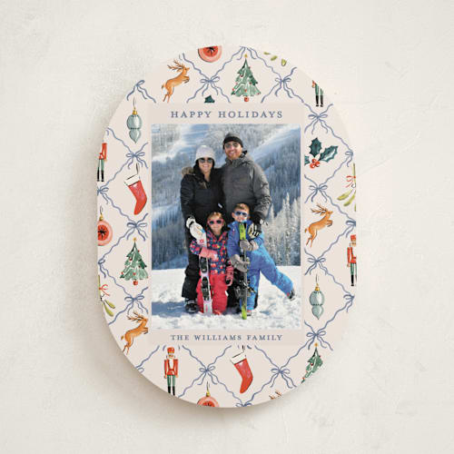 This is a blue spruce holiday photo cards with standard by Sarah Knight called festive icons printing on recycled smooth signature in standard