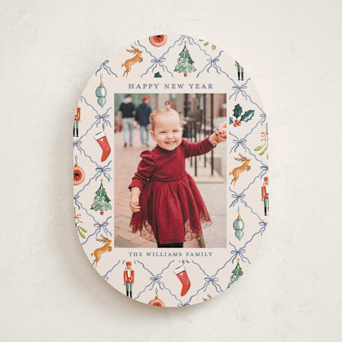 This is a blue spruce holiday photo cards with standard by Sarah Knight called festive icons printing on recycled smooth signature in standard