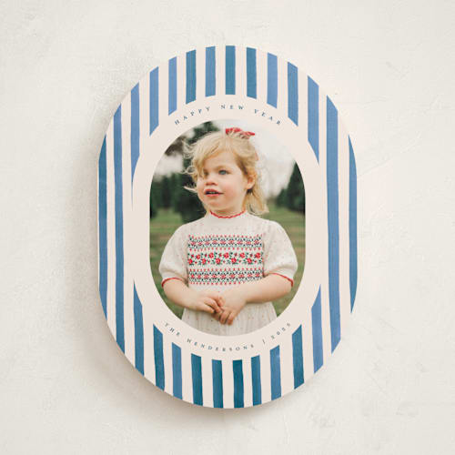 This is a blue jay holiday photo cards with standard by Teju Reval called vintage stripes printing on recycled smooth signature in standard