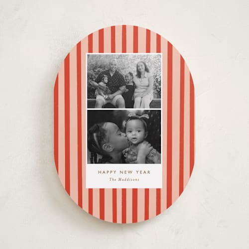 This is a candy cane holiday photo cards with standard by Bethan called striped snaps printing on recycled smooth signature in standard